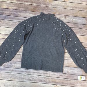 JPR STUDIO Women's Imitation Pearl Mock-Neck Blouson-Sleeve Sweater Gray M